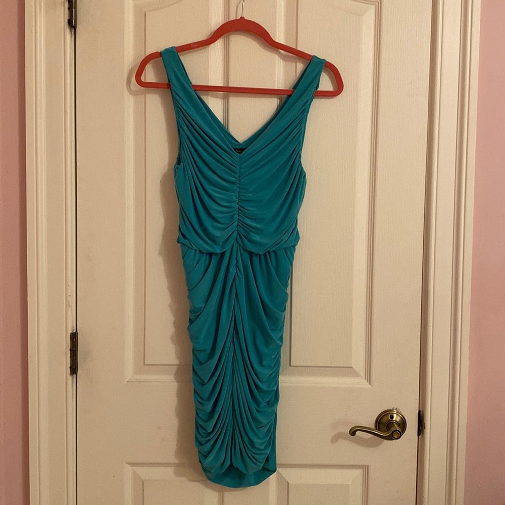 Soprano ruched turquoise cocktail dress